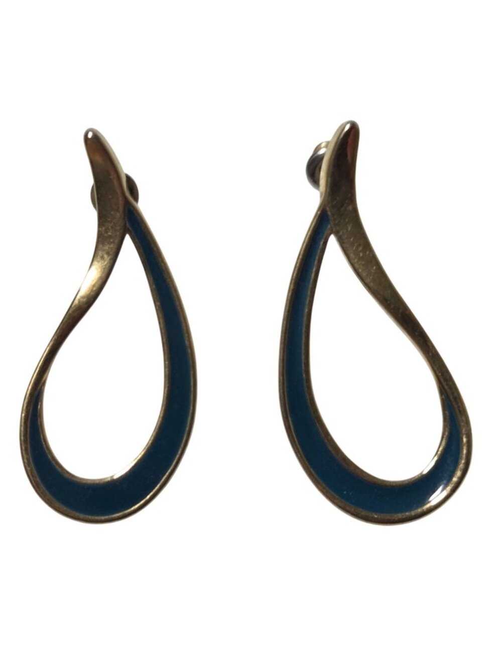 Vintage Teardrop Earrings Gold Tone Blue Enamel Retro 60s Mod Fashion Jewelry